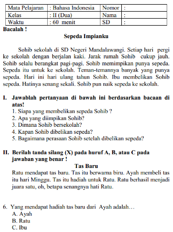 Contoh Soal Cerita Bahasa Indonesia Kelas 2 Sd - Guru Paud