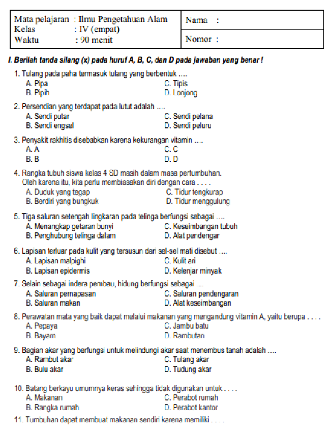 Soal Dan Kunci Jawaban Latihan Soal PAS IPA Kelas 4 Semester 1 / Gasal