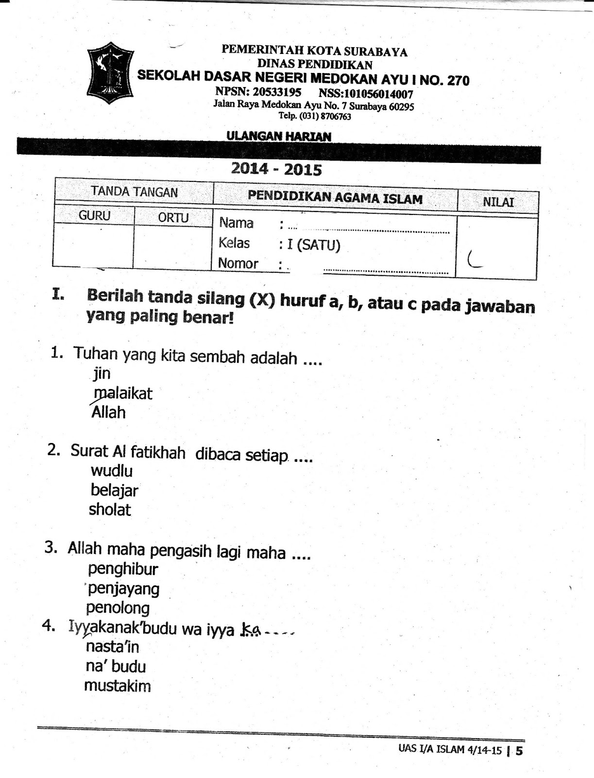 Soal Agama Katolik Kelas 1 Semester 1 Kurikulum 2013 - Riset