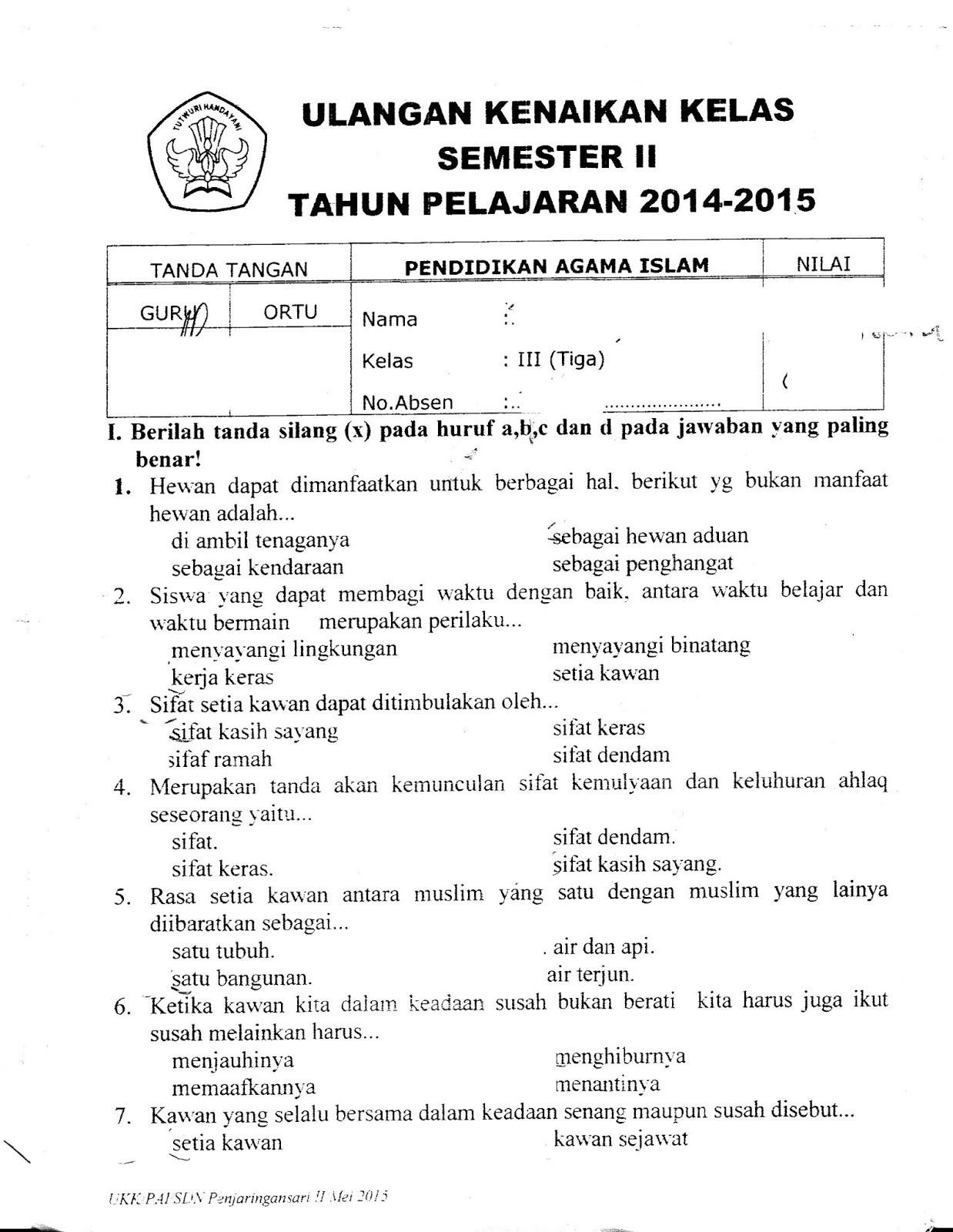 Soal Agama Islam Kelas 7 Semester 1 Kurikulum 2013