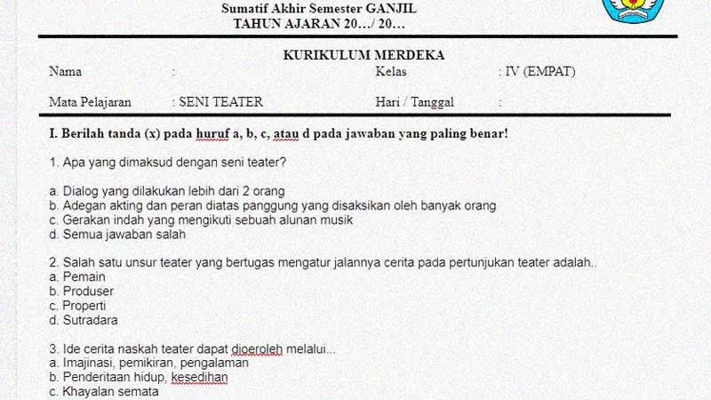 Soal Sumatif Akhir Semester 1 Kelas 4 Mapel Seni Teater - SekolahDasar.Net