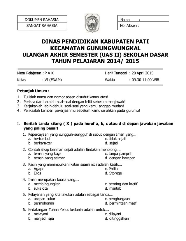 Soal Pendidikan Agama Kristen K13 Untuk Kelas 11 Semester Genap - Ruang