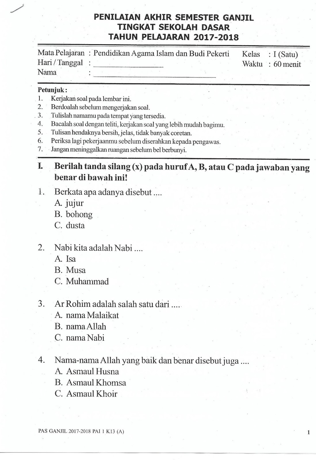 SOAL UAS GANJIL AGAMA ISLAM KELAS 1 SD TAHUN 2017 | Teknologi Dan