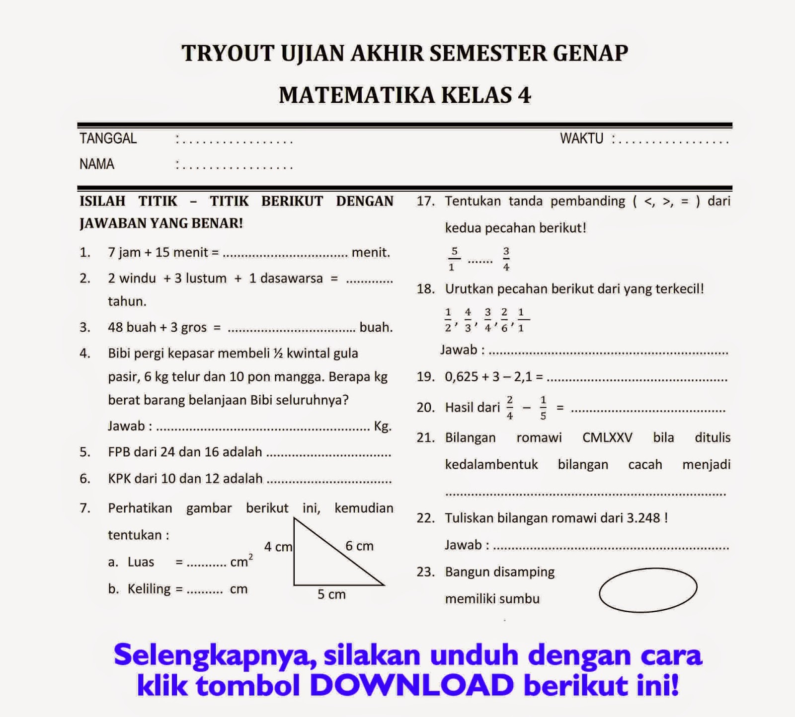 Download Soal Matematika Kelas 4 Semester 2 Terbaru