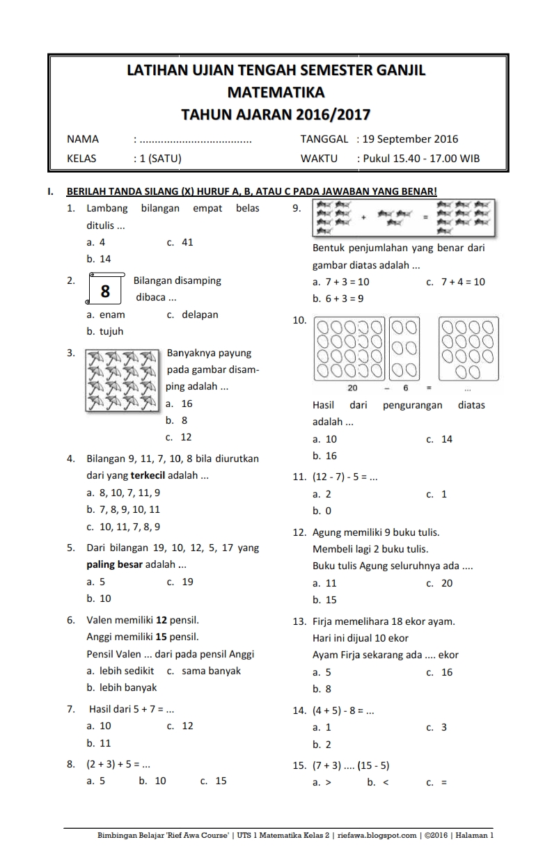 Contoh Soal Matematika Kelas 2 Semester 1 2022 - Riset