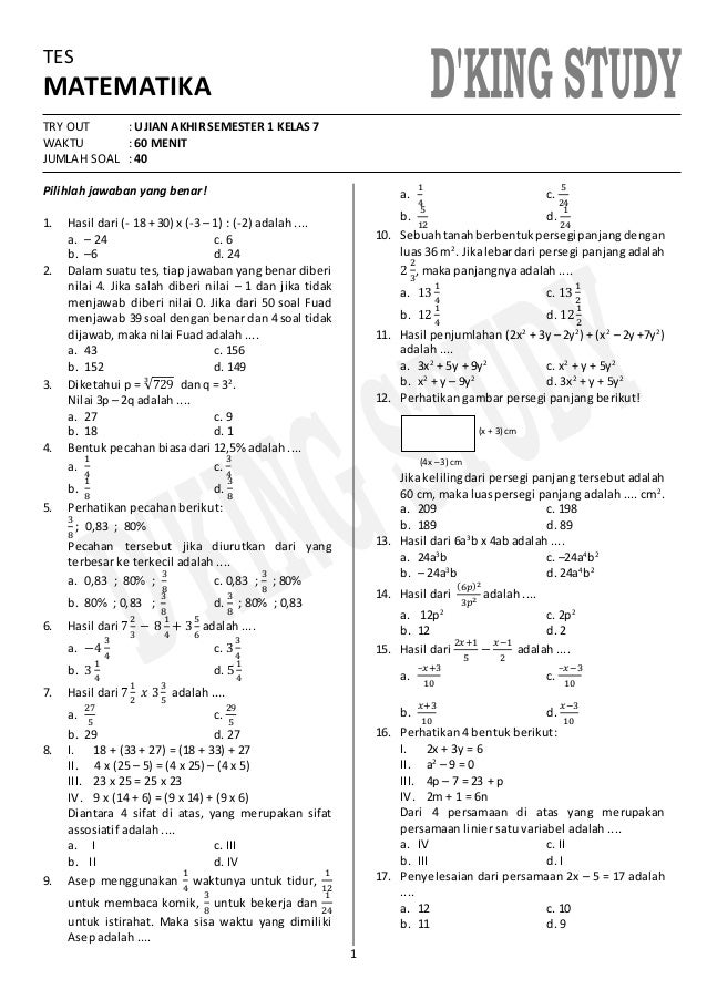 Contoh Soal Uts Matematika Kelas 7 Semester 2 Kurikulum 2013