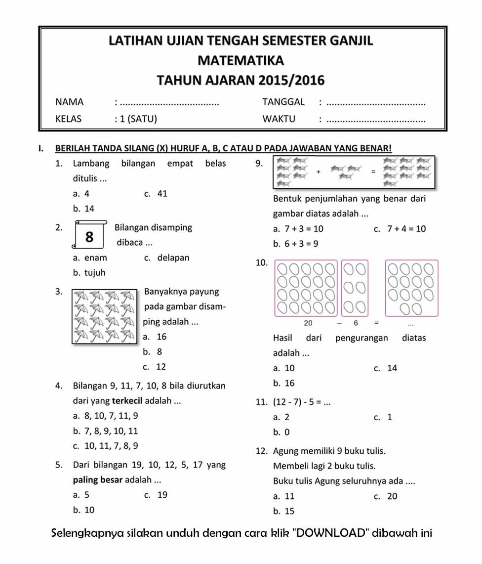 Soal Matematika Kelas 1 Sd Penjumlahan Dan Pengurangan - Guru Paud