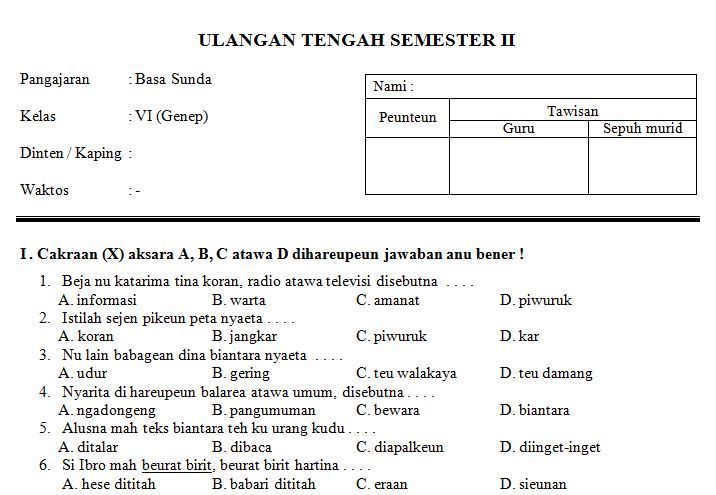 Soal Bahasa Sunda Kelas 6 Dan Kunci Jawaban - Guru Paud