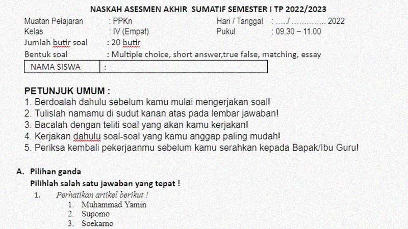 Soal Sumatif Akhir Semester 1 Kelas 4 Mapel PPKn - SekolahDasar.Net