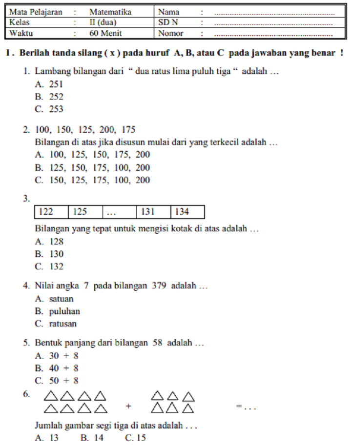 LATIHAN SOAL UAS PAS MATEMATIKA KELAS 2 SD SEMESTER 1 TAHUN 2021/2022