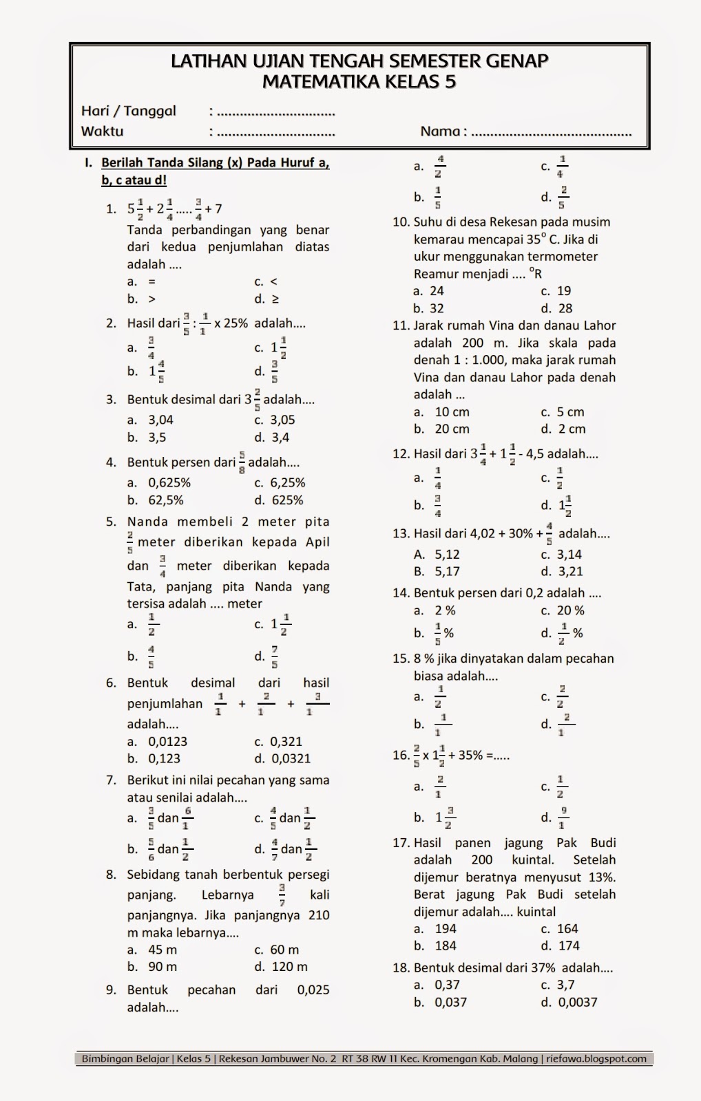 Soal Uts Mtk Kelas 5 Semester 1 Kurikulum 2013 - Homecare24