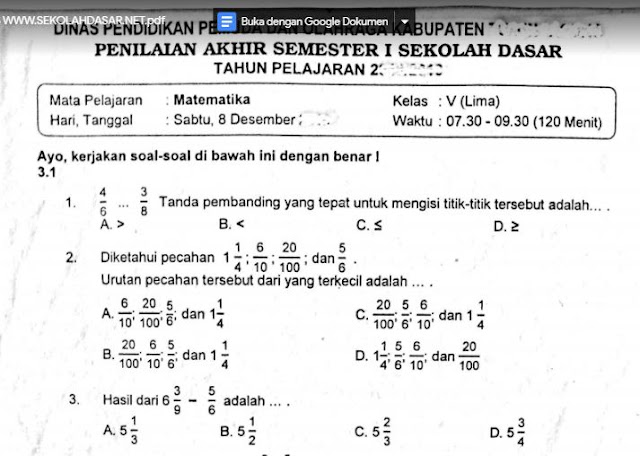 Soal Evaluasi Final Semester 1 Matematika Kelas 5 K-13 - Jihan Plasma