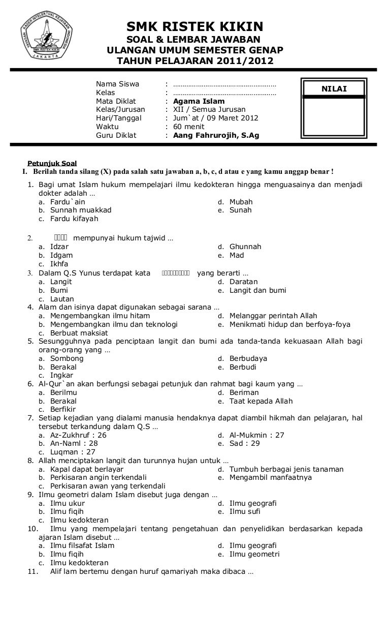 Soal Agama Kelas 3 Semester 1