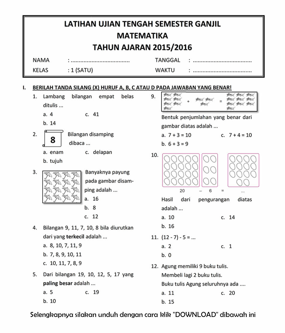 Latihan Soal Matematika Kelas 1 Sd Semester 1 Buat Belajar Anak