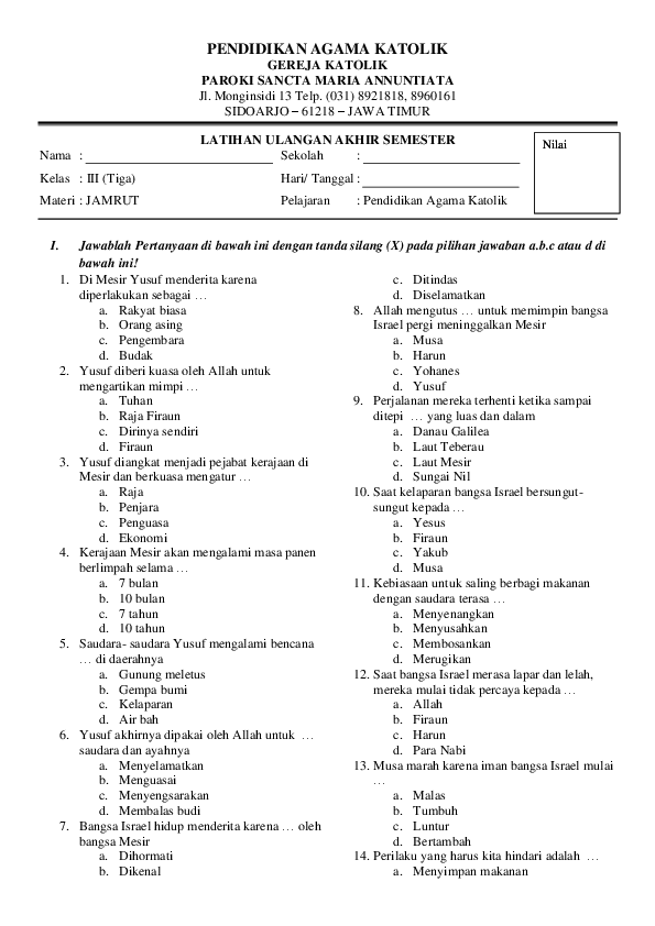 Soal Agama Katolik Kelas X Semester 2 Dan Kunci Jawaban - View Soal