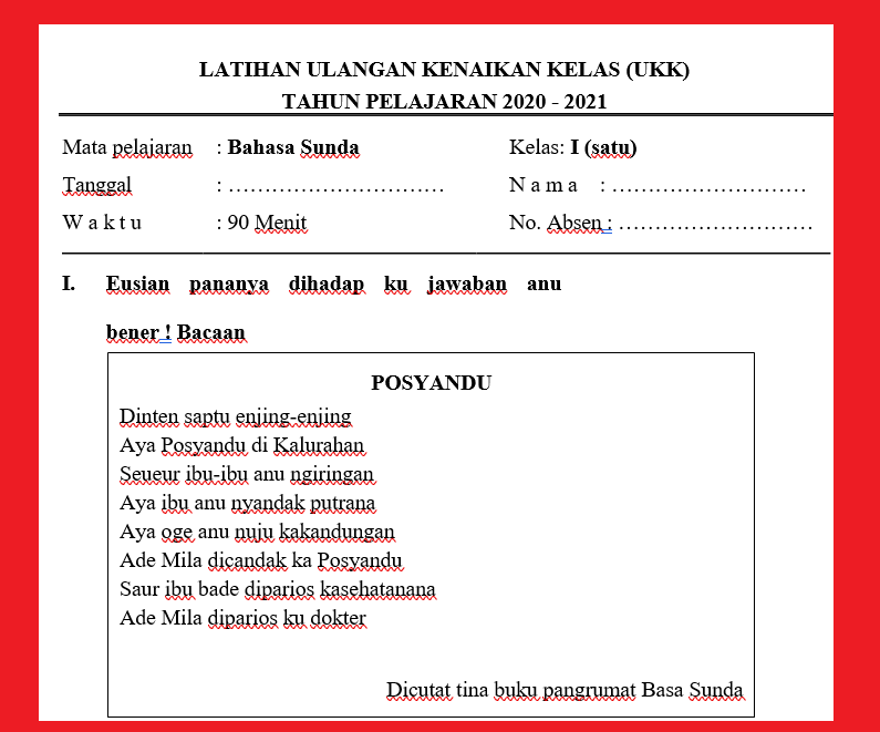 soal pat bahasa sunda kelas 1 SD semester 2 tahun 2021 - Modul Ajar