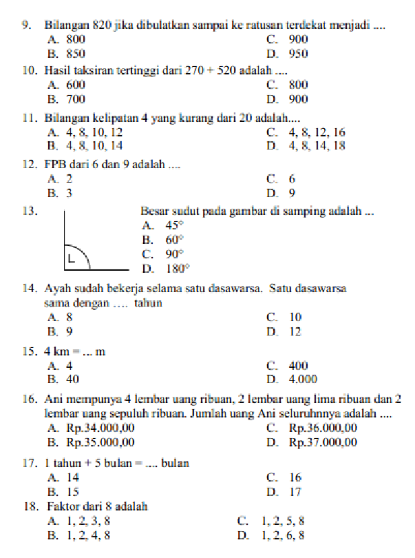 Soal Dan Kunci Jawaban Uas Pas Matematika Kelas 5 Sdmi Semester