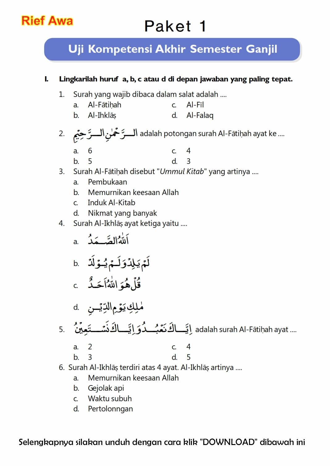 Soal Pendidikan Agama Islam Pai Kelas 2 Sd Semester 1 K13 Admin Sekolah