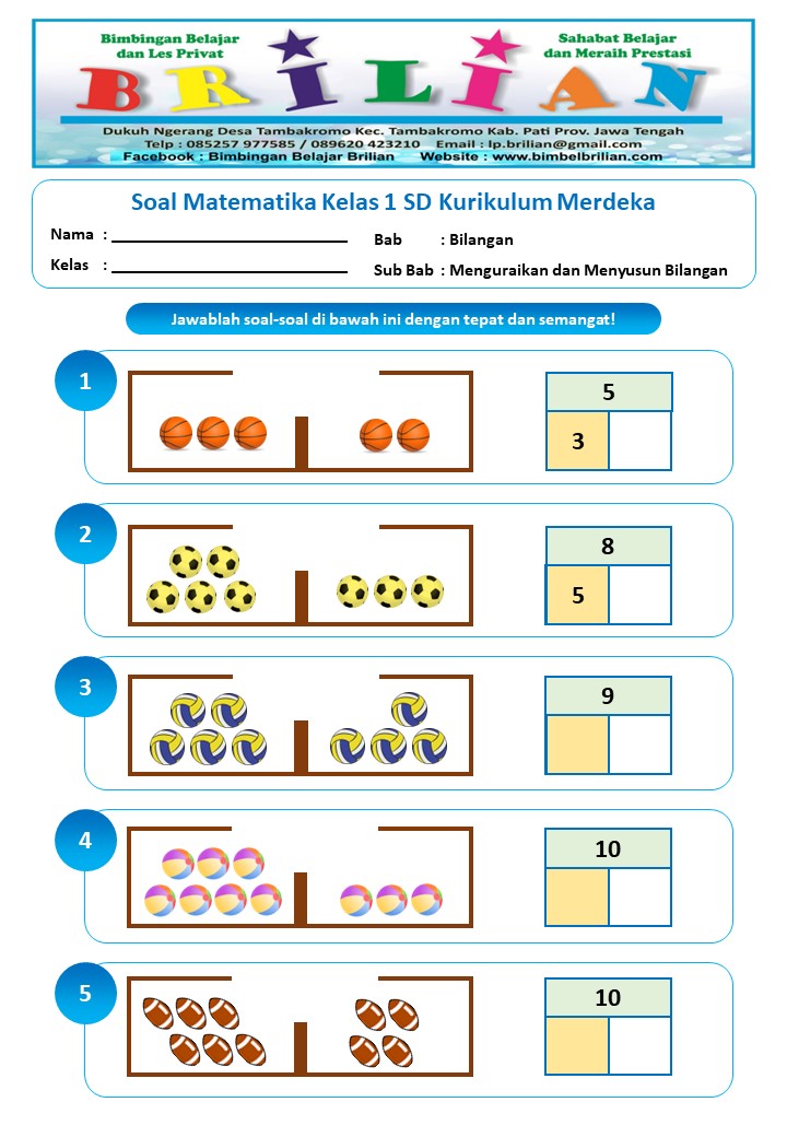 Soal Matematika Kelas 1 SD Kurikulum Merdeka Bab Bilangan Sub Bab 2