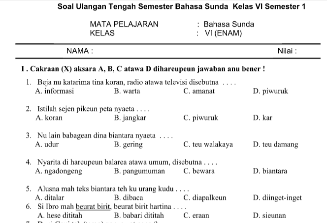 Contoh Soal Uts Bahasa Sunda Kelas 4 Semester 1 - key