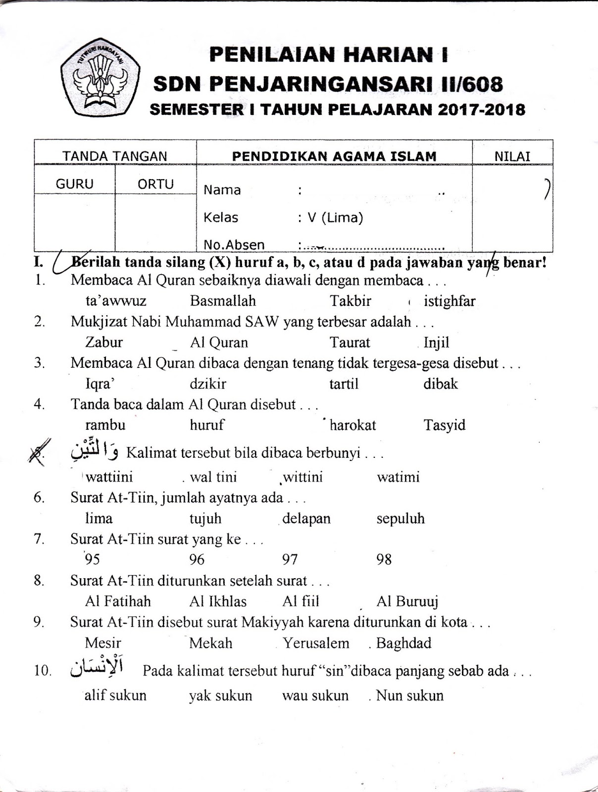 Soal Pendidikan Agama Islam Pai Kelas 2 Sd Semester 1 K13 Admin Sekolah