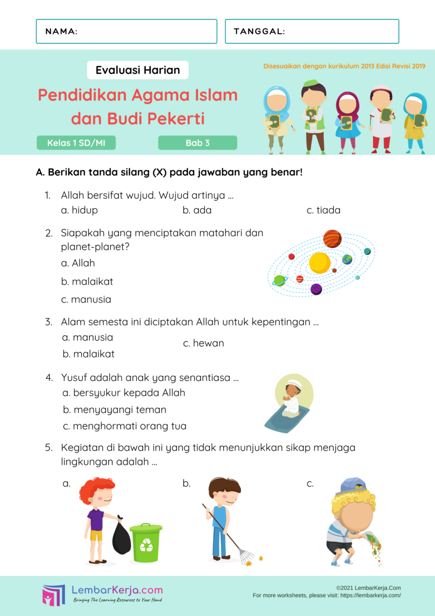 Evaluasi Harian PAI Bab 3 Kelas 1 SD/MI - LembarKerja.Com