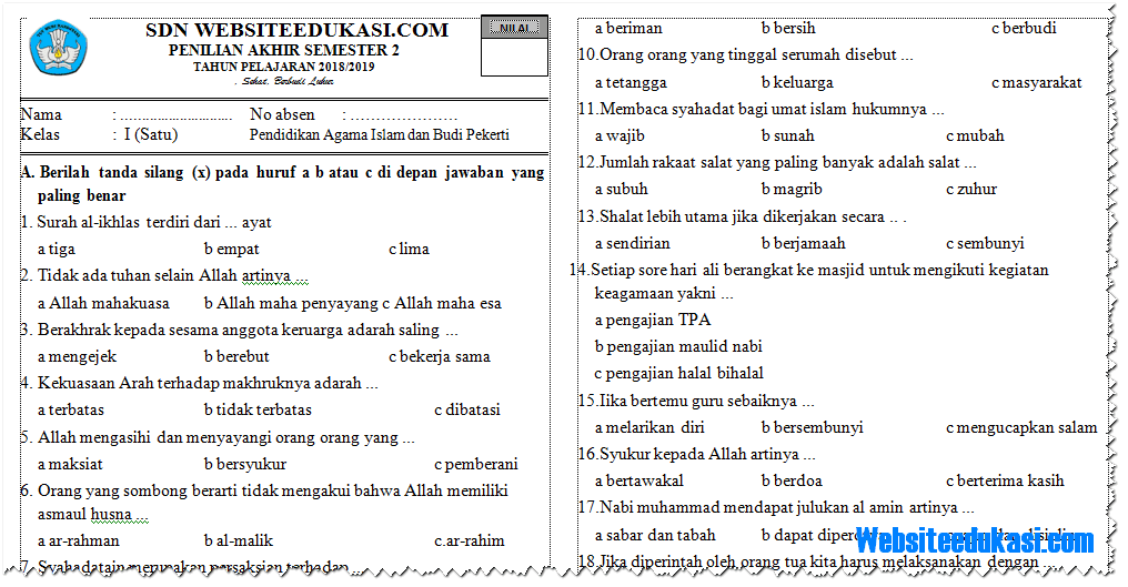 Kumpulan Soal Ukk Pai Kelas 1 Sd Semester 2 - Little Book