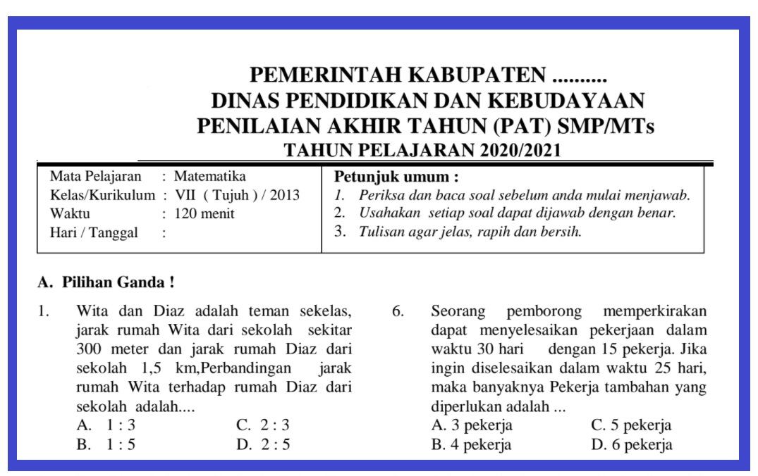 The Best Soal Pat Matematika Kelas 7 Semester 2 Dan Kunci Jawaban 2021