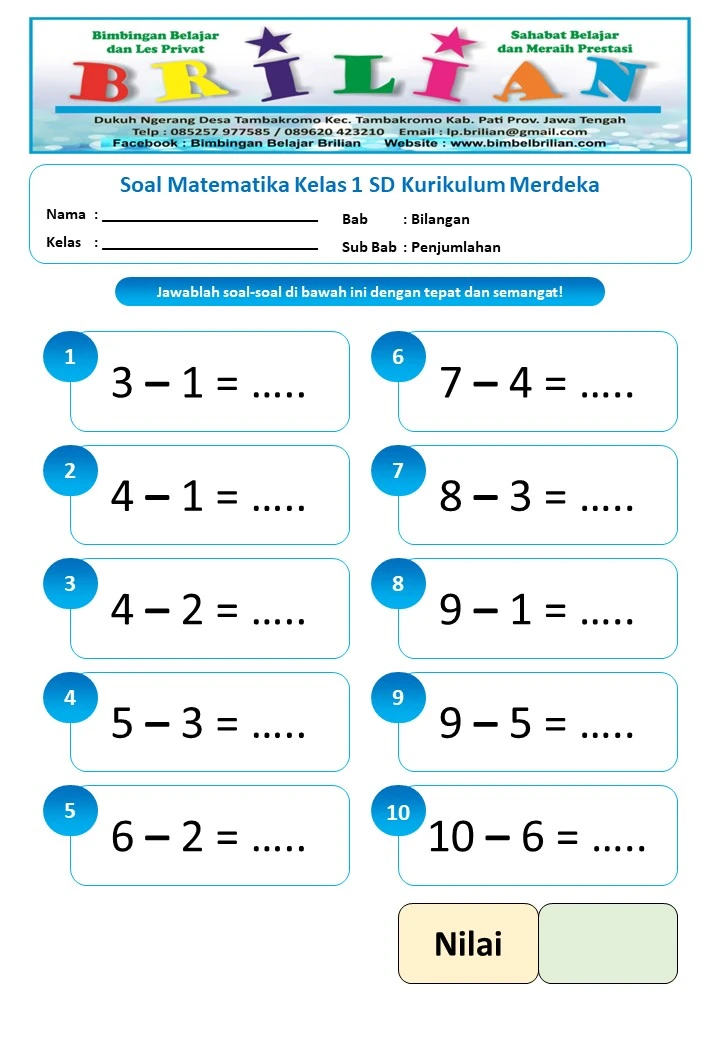 Soal Matematika Kelas 1 SD Kurikulum Merdeka Bab Bilangan Sub Bab 5