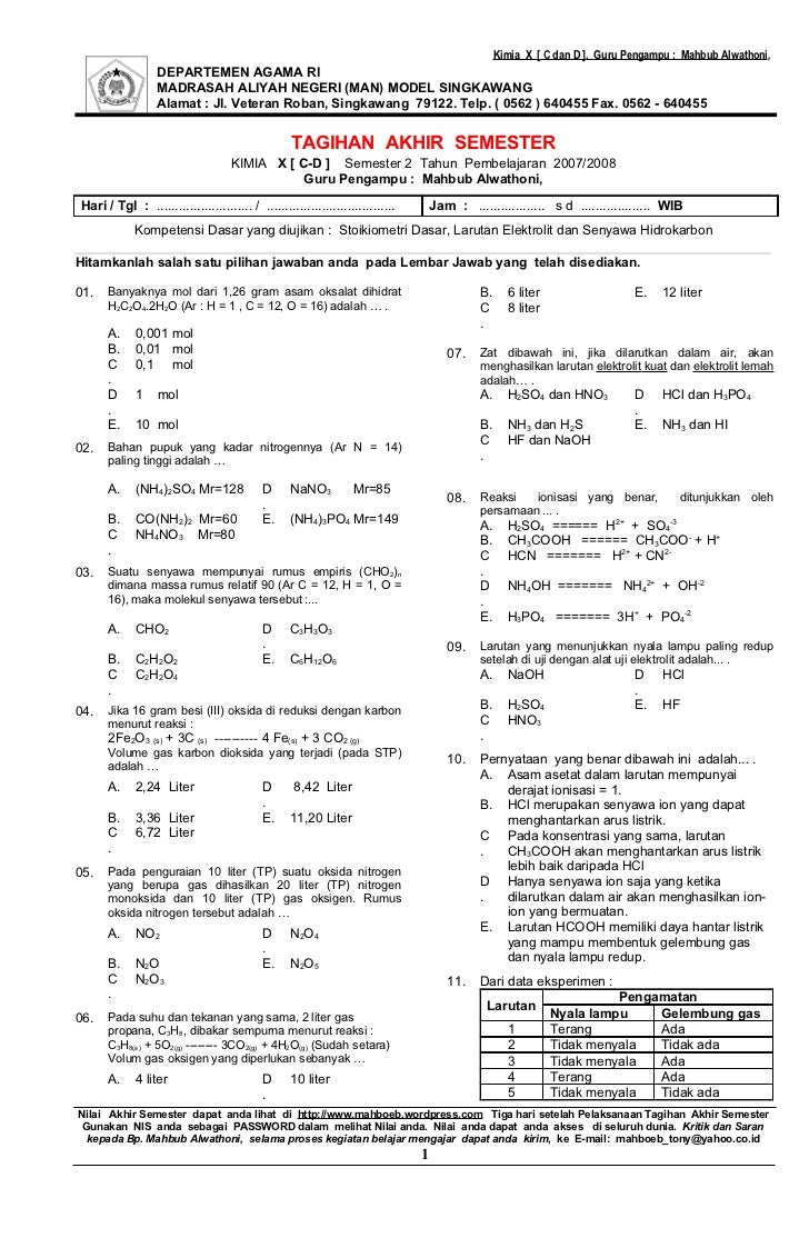 Soal Kimia Kelas Xi Semester 1 Beserta Jawaban Kurikulum 2013 - Read Master
