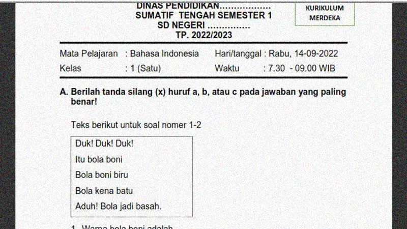 Soal Sumatif Tengah Semester 1 Kelas 1 Mapel Bahasa Indonesia dan Kunci