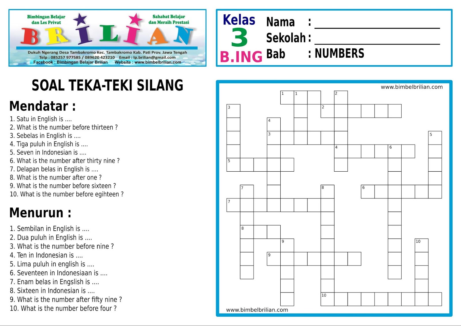 Soal Teka-Teki Silang ( TTS ) SD Bahasa Inggris Kelas 3 Bab Numbers