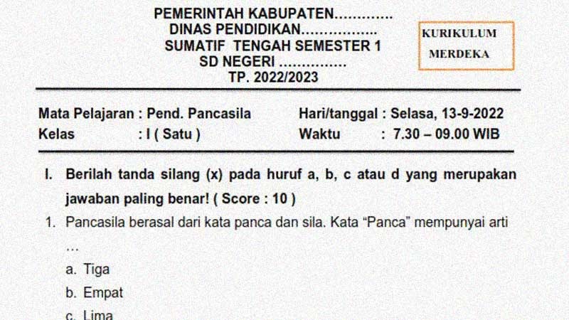 Soal Sumatif Tengah Semester 1 Kelas 1 Mapel Pendidikan Pancasila dan