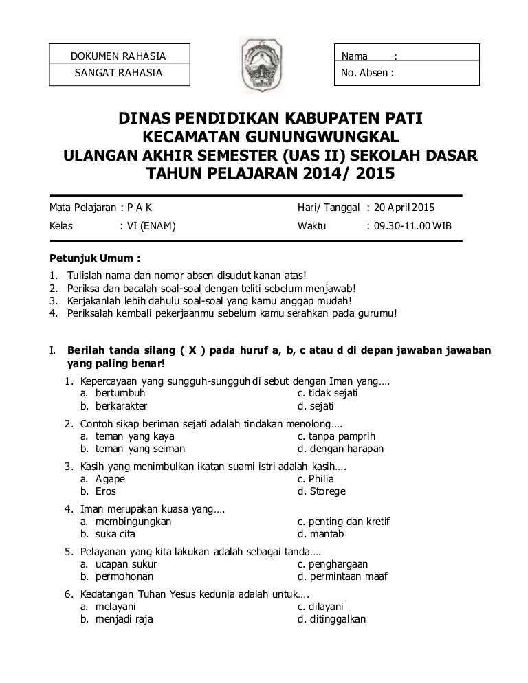 Soal Us Agama Kristen Kelas 6 - Tugas Agus