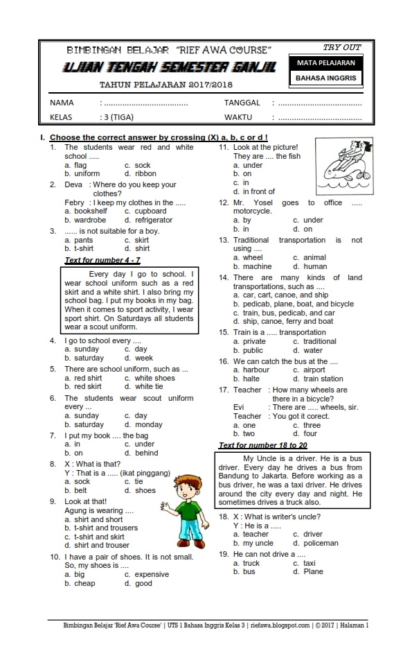 Contoh Soal Uts Kelas 1 Sd Bahasa Inggris