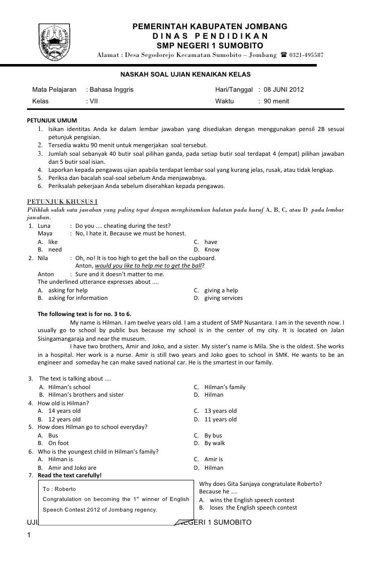 Soal Ulangan Bahasa Inggris Kelas 7 Chapter 2 - Kunci Dunia