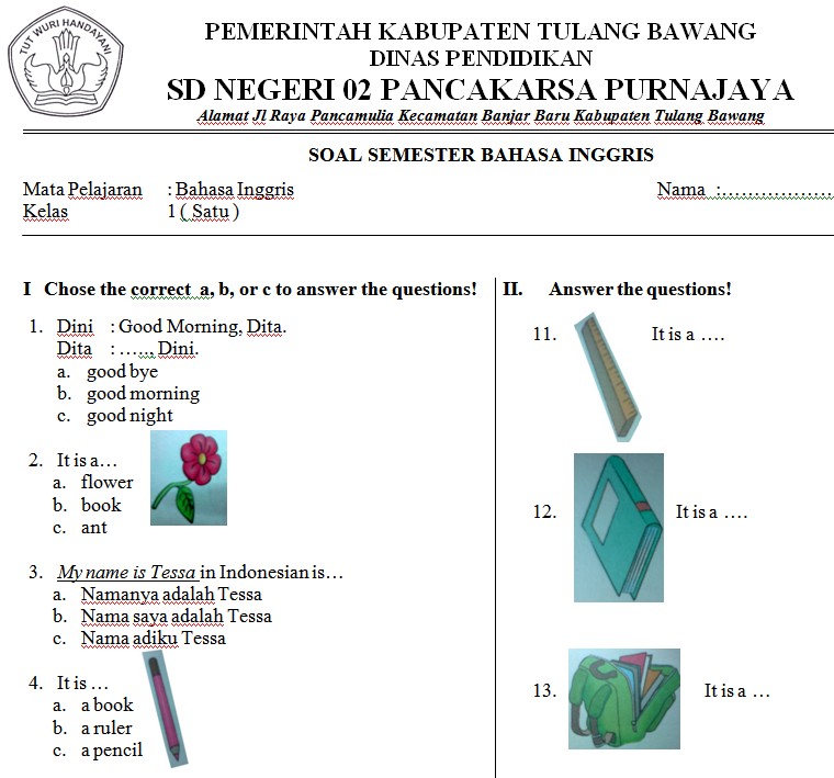 Soal Bahasa Inggris SD Kelas 1 - SoalUjian.Net