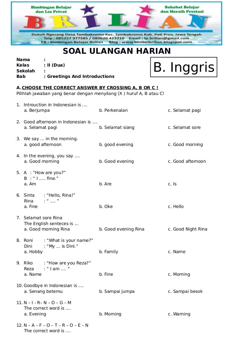 Soal bahasa inggris kelas 2 sd bab 1 greetings and introductions dan