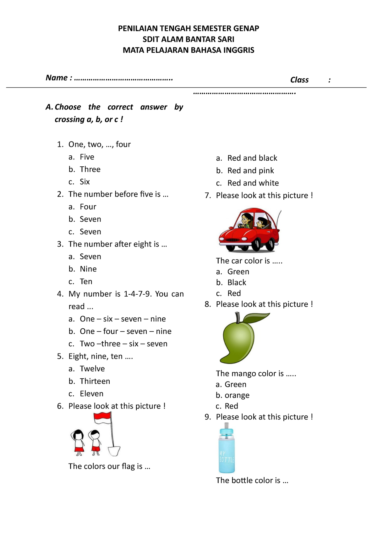 Soal Bahasa Inggris Kelas 1 SD PTS - PENILAIAN TENGAH SEMESTER GENAP