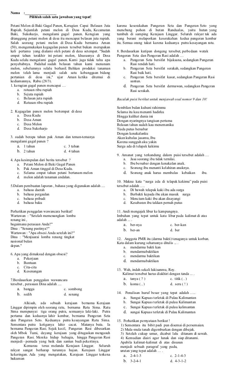 Soal Bahasa Indonesia Kelas 6