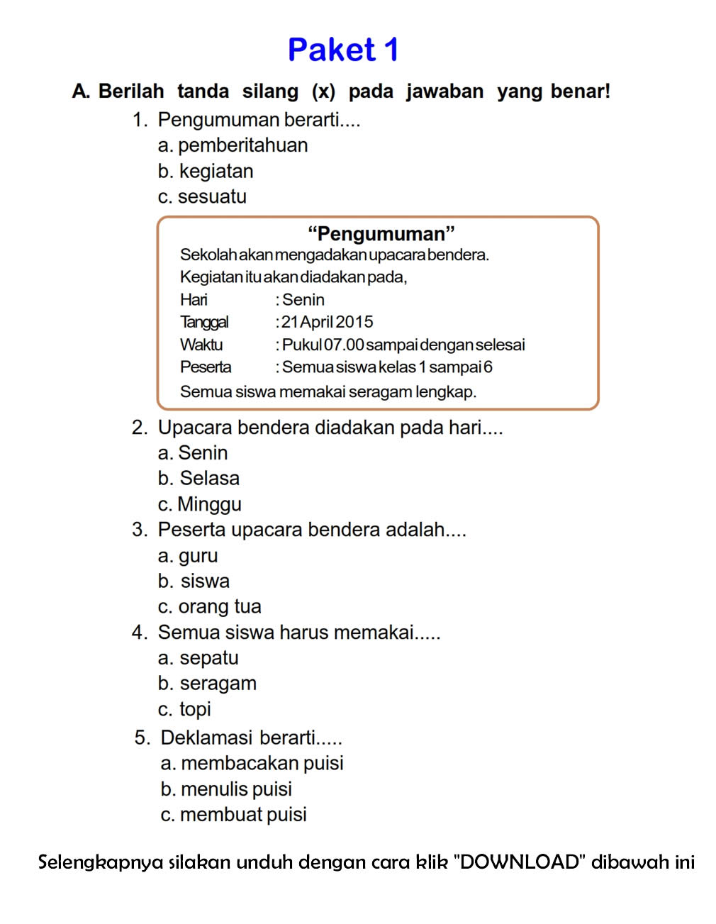 Download Soal UTS Ganjil Bahasa Indonesia Kelas 2 Semester Ganjil